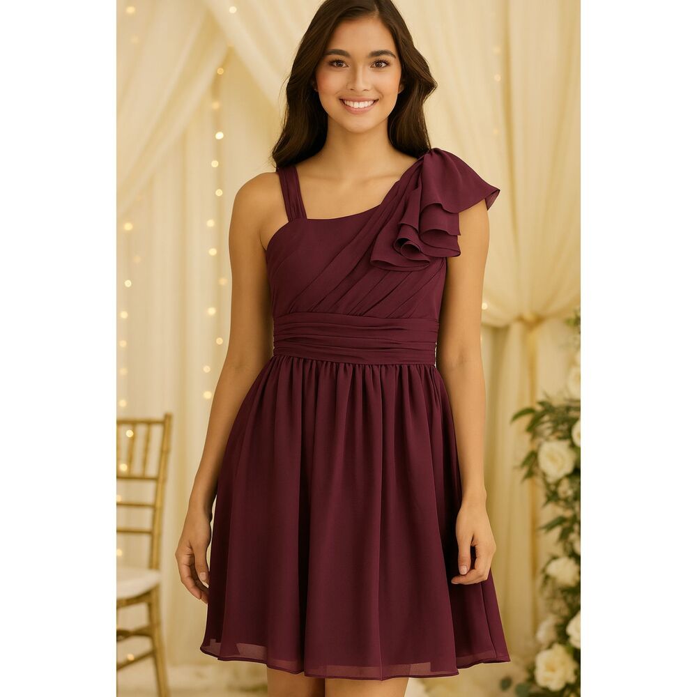 LightInTheBox Dress Womens 12 Purple One Shoulder Ruffle Chiffon Wedding Prom